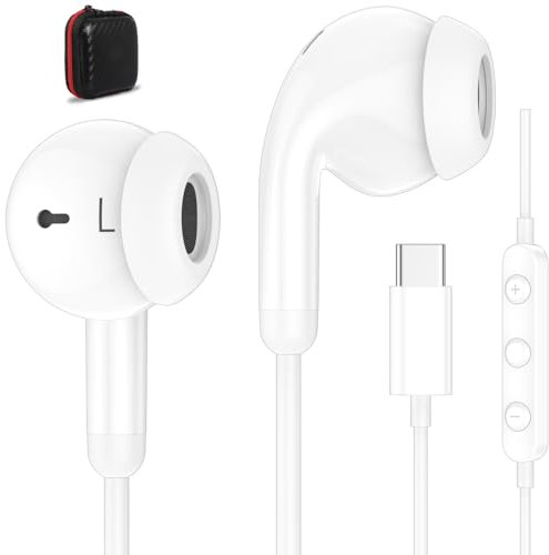 USB C Headphones USB Type C Earbuds for Google Pixel 9a iPad 10th Gen iPhone 16 15 for Samsung Galaxy A16 A56 S24 S25 Wired Earphones with Mic Volume Control Noise Isolating HiFi Stereo Headset White
