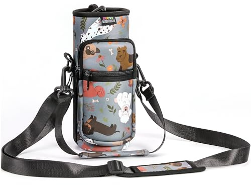 Nuovoware Water Bottle Carrier Bag, 1000ml Bottle Pouch Holder, Adjustable Shoulder Hand Strap 2 Pocket Sling Neoprene Sleeve Sports Accessories for Hiking Travelling, Gray Puppy