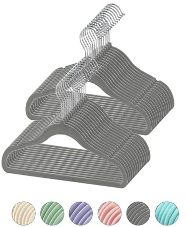 Truevaste Kinderkleiderbügel, 50 Stück Kinder Kleiderbügel Samt rutschfest, Kleiderbügel Kinder 29,5 cm Länge & 5 mm Dicke, Platzsparend, Baby Kleiderbügel mit 360° Drehbarer Haken, Grau