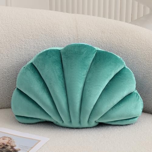 XIAIJIA Deko-Kissen in Muschelform, Zierkissen mit 3D-Inlet, Strandkissen, weiches Samtkissen, Maritime Dekoration für Couch, Bett, ca. 46 x 33 cm, blaugrün