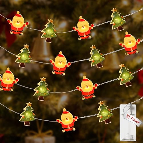 btfarm Lichterkette Weihnachten Innen mit Timer, 2M 20 LED Weihnachtslichterkette Batterie, Weihnachtsbaum Weihnachtsmann Lichterketten Batteriebetrieben für Weihnachtsdeko Balkon Party Deko