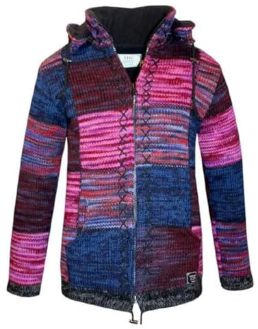 THC Natural Line Schafwollstrickjacke Lila Quadrate 805 – Warme Patchwork-Wolljacke mit Fleece-Futter – Bunte Ethno-Strickjacke Outdoor – Kapuze abnehmbar