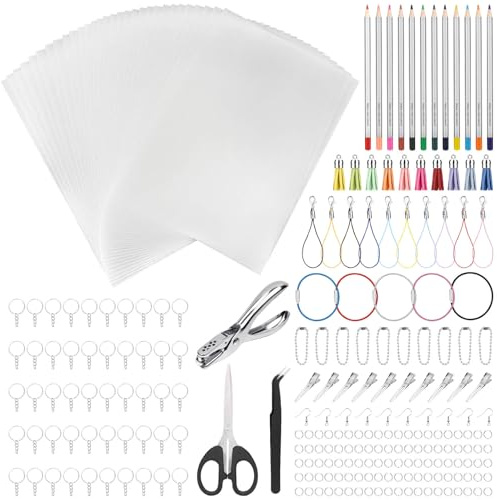 Thrilez 250 Pieces Shrinky Plastic Sheets Keychain kit, Including Shrinky Paper, Colored Pencils, Tassels, Keychain Rings, Hair Clips, Earring Hooks, Hole Punch for Creative Crafts