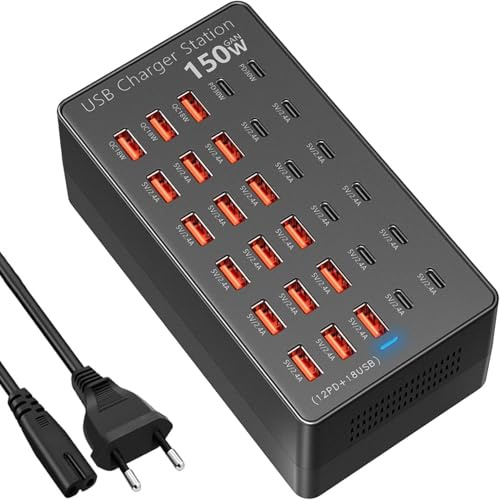 USB Ladestation 30 Ports, 150W USB C Ladegerät mehrfach(18A+12C), Desktop USB C Ladegerät Hub, Multi-Funktions USB-Hub, Wandladegerät, Netzteil Stecker kompatibel mit iPhone/Glaxy/Pixel/Tablet