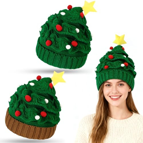Beipegin Christmas Tree Hat Santa Hat Warm Winter Knitted Crochet Beanie Santa Tree Hats Novelty for Men Women Kids