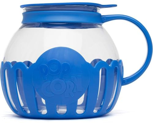 Palomitero Micro-Pop para microondas con vidrio seguro para la temperatura, tapa 3 en 1, mide granos y derrite mantequilla, apto para lavavajillas, tarro de palomitas con tapa de silicona (Azul)