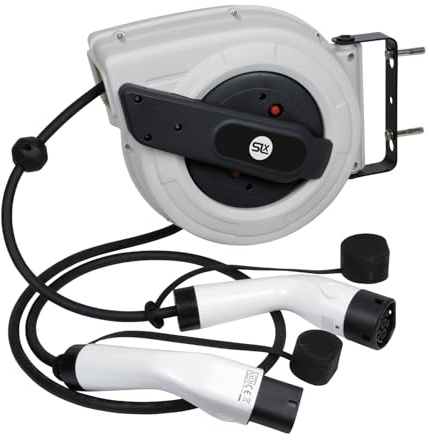 SLx EV Charger Cable Reel 5m 11kW Type 2 Heavy Duty Retractable EV Charging Cable with Thermal Cut-Out, IP55 Weather Protection, Wall Mount Bracket for Home Charging