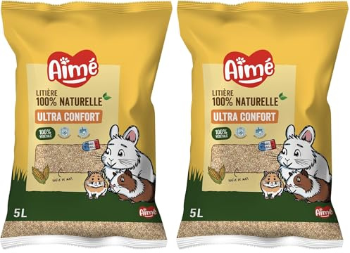 Aimé | Kleintierstreu | Streu Biologisch abbaubare | Saugfähige Maisflocken | Kaninchen, Meerschweinchen, Hamster, Mäuse, Meerschweinchen | Bis zu 3 Wochen verwendbar | Bis zu 3 Wochen verwendbar | 5L