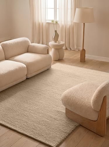 Ted Baker Wollteppich Diana - Natürlicher Wohnzimmerteppich, 100% Wolle, Handgewebt & Zeitlos, Naturfaser Teppich, Skandi Look für Wohnzimmer, Schlafzimmer, Esszimmer – Hellbeige, 200x300 cm