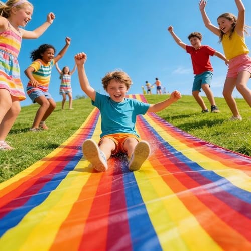Kawiithn Grand Tapis de Glisse Aquatique Arc-en-Ciels 11x1.4 m, Toboggan Eau XXL avec Piquets, Ventre y Glisse Jardin Enfant Adulte, Jeu Extérieur Été Pelouse Fête