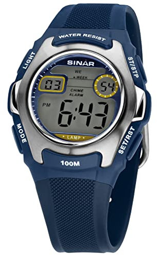 SINAR Jungen-Armbanduhr Jugenduhr Sportuhr Outdoor Digital Quarz 10 bar mit Resinarmband und Licht Blau Silber XE-50-2