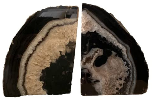 JIC Gem Buchstütze(n) Achat Schwarz Bücherregal Dekor Geode Buchstützen 1 Paar 3 bis 1,8 kg aus Brasilianisch mit Gummipuffer für Büro und Heimdekoration