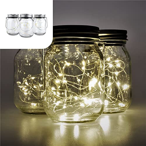 Gadgy ® Lámpara Solar Mason Jar Tarro Cristal Set Luces de Hadas | 3 Pzs | 20 LED’s Luz Blanca Cálida | Jarra Jardín Exterior Interior Colgar Farol