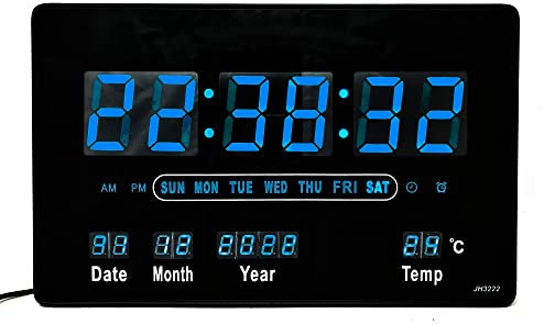 Starlet24 Kompakte LED Wanduhr mit Timer Wecker Schlummer Kalender Temperatur große LED-Anzeige 32x20cm (JH3222) Blau
