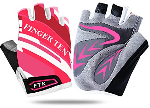 FINGER TEN Fahrradhandschuhe Kinder MTB Handschuhe Fahrrad Outdoor Bike Gel Halbfinger Sporthandschuhe Radhandschuhe Wert 1 Paar Pink L, für Sommer Freizeit Jungen Mädchen Alter 2-10 Jahre