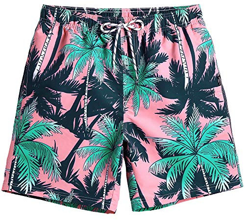 MaaMgic Homme Short de Bain Maillot Classique Design Tropical pour Vacances Voyage en Eté sur la Plage Rose Noix de Coco L