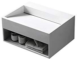 BERNSTEIN - Vasque Lavabo Rectangulaire à poser/suspendre fonte minérale Lave main mural Blanc mat 80x46x28cm + Etagère - Design, Robuste & Durable - TWG71