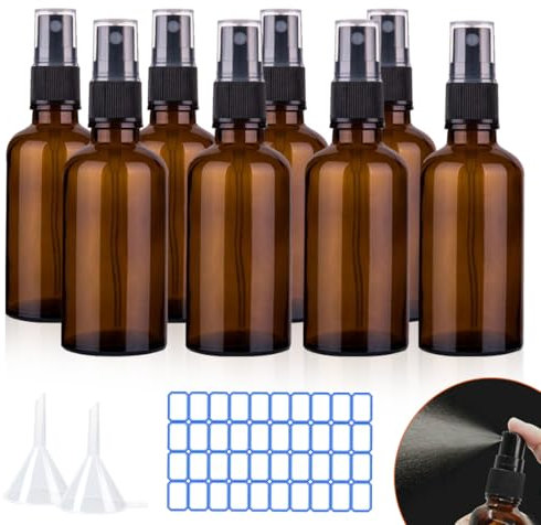 O-Kinee Spray de Vidrio ámbar 8 pcs Botella de Vidrio ámbar Vacía con Pulverizador Negro de Niebla Fina Vacía para Aromaterapia,Primeros Auxilios,Tamaño de Viaje,Líquidos Químicos (50ml)