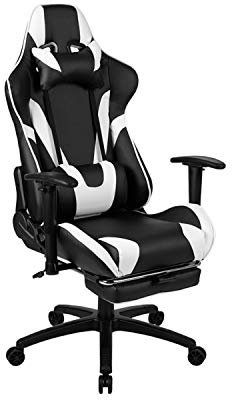 Flash Furniture X30 Gaming-Stuhl, ergonomischer Bürostuhl für PC- und Gaming-Setups, verstellbarer Rennsport-Stuhl mit vollständig verstellbarer Rückenunterstützung, schwarz mit weißer Verzierung