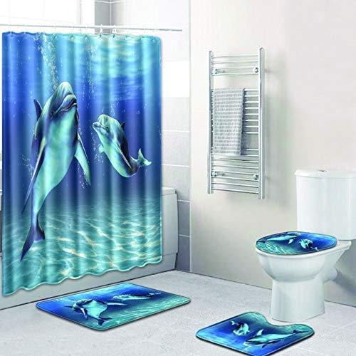 Minyose 4 Pièces Dauphin Imprimé Rideau De Douche Tapis De Bain Ensemble Couverture De Toilette Tapis De Bain Salle De Bain Imperméable Polyester Rideaux Salle De Bain Tapis 180X180Cm