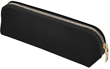 Fyore Leather Pencil Case Slim Design Pen Bag with Metallic Zipper Pocket Size for or Student Office College Middle School (Black)