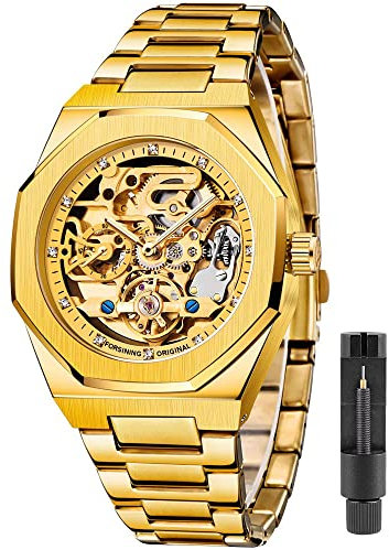 Tiong Herren Skeleton Automatische mechanische Uhr Gold Skeleton Vintage Man Watch Herrenuhren