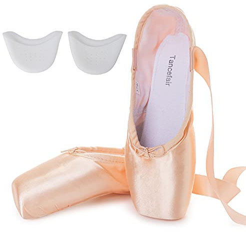 Professionell Ballett Spitzenschuhe Rosa Ballettschuhe Tanzschuhe mit dem genähten Band und Silikon Zehenpads für Mädchen Damen (Bitte wählen Sie eine Nummer größer)