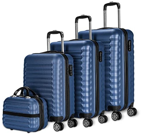 NUMADA - Gepäck-Set und Kulturbeutel 4 Stück Dunkelblau, groß 75cm, mittel 63cm, klein 53cm und Kulturbeutel, ABS, starr, widerstandsfähig, 4 Doppelräder, leicht, seitliches Kombinationsschloss
