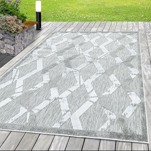 HomebyHome In & Outdoor Wetterfest 140x200 cm Grau, Zickzack Design 3D Effekt - Balkon Teppich Wasserfest, Kurzflor, Flachgewebt - Ideal für Küche, Garten, Camping und Terrasse
