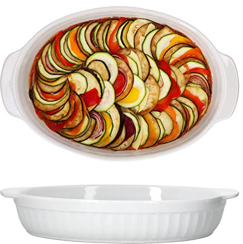 MamboCat Lot de 2 grands plats à gratin ovaux avec anses I Blanc Céramique 1,8 l Passe au four I Bols de service Blanc ignifuge I Plat antipastique I Plat à four 36 cm