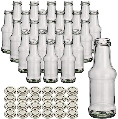 gouveo Set di 24 Bottiglie di Vetro da 250 ml, con Coperchio a Vite, TO38, Colore Argento, Piccola Bottiglia di Vetro da 0,25 l, con Tappo a Vite, Bottiglia Vuota da riempire con Ketchup