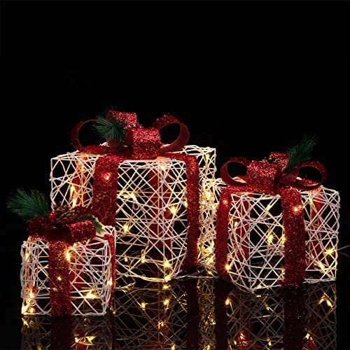 BAKAJI Set mit 3 hellen Geschenkpackungen für Weihnachten mit Dekorationen LED-Lichterkette Weihnachtsbeleuchtung Box aus Rattan Weihnachten Boxen mit Festlichtern Kit Weihnachtsdekoration Innen Außen