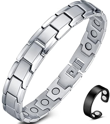Vicmag Magnetarmband Herren Titanstahl-Magnetarmband Einreihig Ultra-Stärke-Magnete mit Einstellwerkzeug und Geschenkbox (Einreihig Silber)