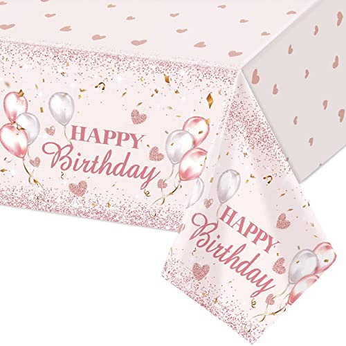 POPOYU Plastique Nappe Anniversaire,137x274cm Nappe Fête Rose et Or Decoration Joyeux Anniversaire,Jetables Nappe Décorées de Fête pour Intérieur Extérieur Deco Table Anniversaire