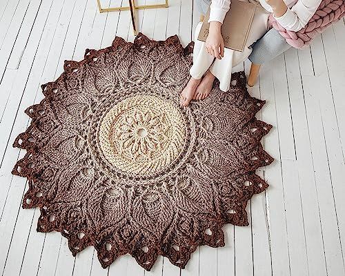 Runder gehäkelter Teppich, handgefertigt, 150 cm, rund, geflochten, für Innen- und Außenbereich, Ombré-Braun