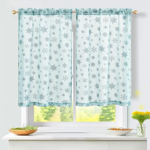 TOPICK Winter Sheer Scheibengardinen mit Tunnelzug Schneeflocke Muster Bistrogadine Voile Licht-Filterung Küchenvorhang für Schlafzimmer Kinderzimmer 90x60cm (BxH) 2er Set Blau