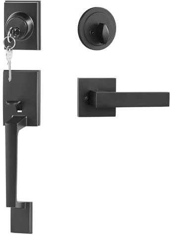 VEVOR Paire de Poignées de Porte d’Entrée avec Pêne Dormant, Poignées Carrées en Alliage de Zinc Noir Cylindre Unique avec Béquille Réversible Droite-Gauche, pour Porte d’Avant Maison Bureau Extérieur