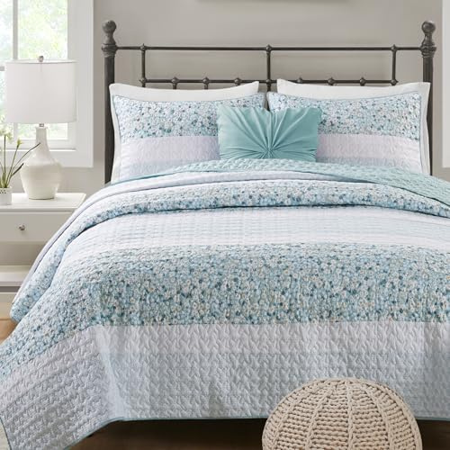 Madison Park Queen Quilt Set, Seersucker Floral Coverlet, All Season Lightweight Microfiber Bedding Quilt Set, Vermicelli Quilting Design, Throw Pillow, Caralie, Full/Queen Aqua 4 Piece