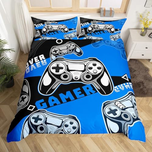Gamer Comforter Cover for Boys Black and Blue Gaming Single Bedding Set Kids Video Game Duvet Cover Teens Gamepad Quilt Cover All Season, 1 Bedspread Cover With 1 Pillowcase