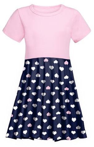 Robe d'été Trudge pour Filles - Rose, Coeur Rose - Taille Unique 140 - Manche Courte - Col Rond - Trapèze - Coton - Casual - 3-12 ans