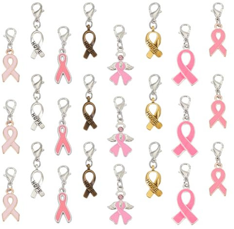 PH PandaHall 48pcs Breloques de Sensibilisation au Cancer du Sein, Pendentifs en Ruban Rose Breloques en Émail Fermoir Mousqueton Breloques D'Espoir pour Bijoux, Colliers, Bracelets