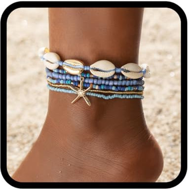 Fashband Ensemble de bracelets de cheville en coquillages - Style bohème - Étoile de mer - Bracelet de cheville réglable - Accessoire pour femme