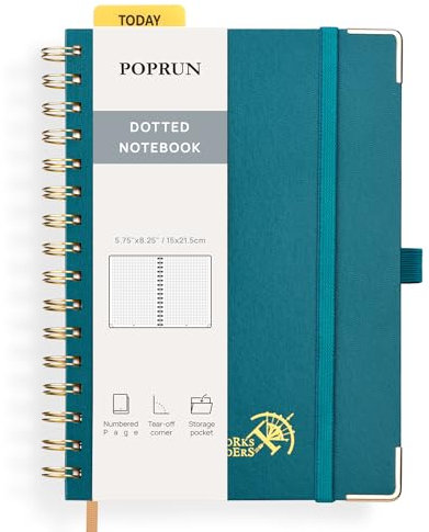 POPRUN Notizbuch A5 Gepunktetes, Bullet Dotted Journal, Spiral-Notizbücher 120 GSM Papier, 141 nummerierte Seiten, Hardcover mit Kleberegisterkarten und 8 Abreißblättern - PG(Pazifikgrün)