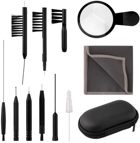 Kit de Limpieza de Audífonos, 12uds Herramientas de Limpieza Audífonos Incluye Cepillo Limpieza Audífonos Cepillo Lupa Varilla de Ventilación Destornillador Estuche para Auriculares