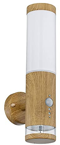 GLOBO LIGHTING Außenlampe Wandleuchte Edelstahl Aussenleuchte mit Bewegungsmelder Wandlampe in Holz Optik mit Deko LED, 1x 11 Watt 1x 1055 lm 3000 K, BxH 8,5 x 35 cm