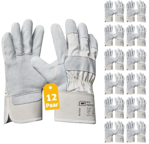 Gebol Builder, 12 Paar Arbeitshandschuhe für Herren aus Rindsspaltleder, gefütterte Schutzhandschuhe mit Knöchelschutz & Fingerkappen, ideal für Bau, Montage & Landwirtschaft, Gr. XL/10, Beige