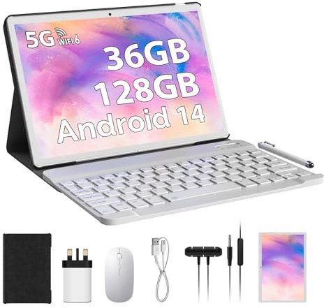 LINROM 10 Inch Android 14 Tablet with 5G WiFi & WiFi 6, 36GB RAM+128 GB ROM(1TB Expandable), Octa Core 2.0 GHz, 8000mAh, 5MP+8MP, FHD, WLAN, Bluetooth, GPS, Tablet with Keyboard ect (Gold)