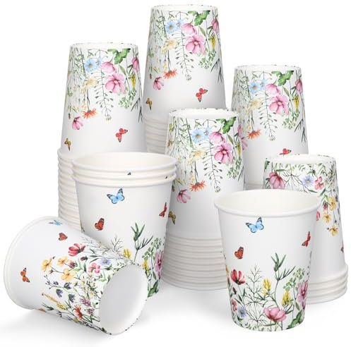 FYSUIMU Lot de 50 gobelets jetables en carton motif fleurs sauvages 255 ml pour fête de printemps, mariage, fête prénatale, fête d'anniversaire
