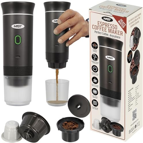 Portable Espresso Coffee Maker – Self-Heating, USB-C Rechargeable, Works with Capsules & Ground Coffee – Includes Travel Mug – Perfect for Office, Camping, Fishing & Outdoors (Black)