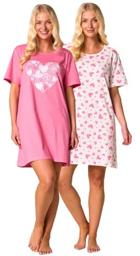 Lot de 2 chemises de nuit à manches courtes en jersey 100 % coton pour femme Motif papillon, cœur, cerf, abeille, camping-car, cœur rose, 48-50